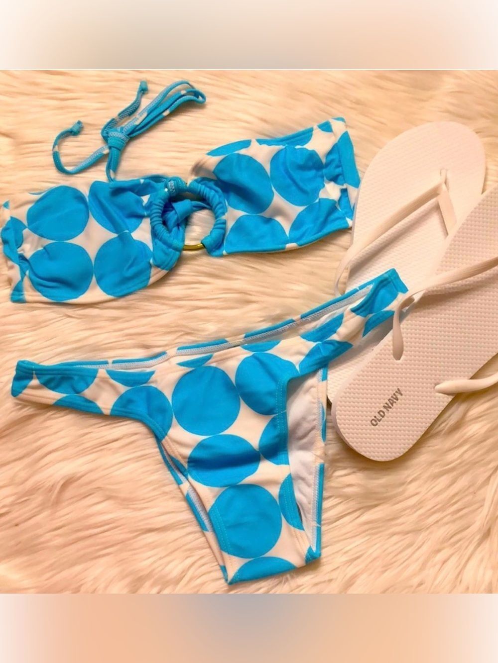NWTs Agua Doce Blue & White O-Ring Polka Dot Bikini Set